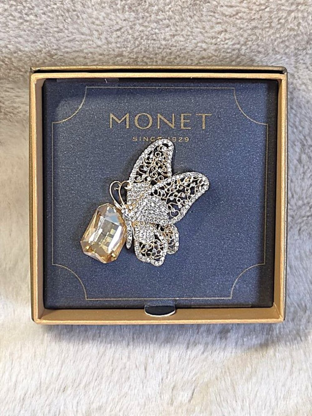 Monet Perched Butterfly Pin Brooch Rhinestone & Large Faceted Champagne Crystal